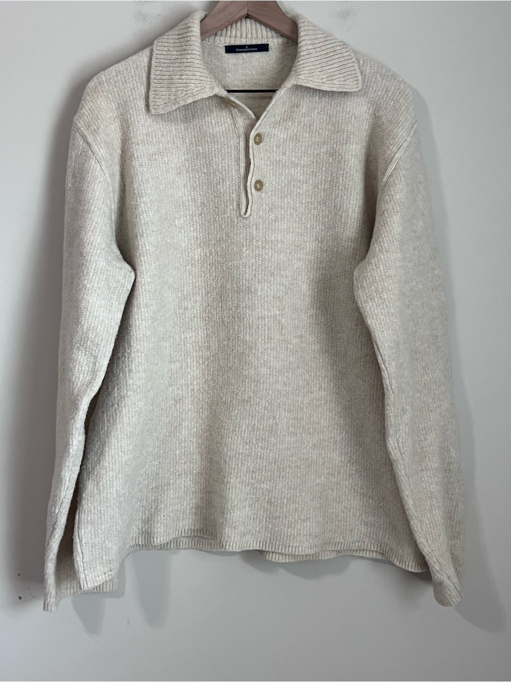 Ermenegildo Zegna Men's Polo Sweater Collared Wool Blend Chunky Cream Sz Medium